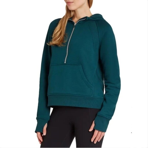 Danskin Half Zip Mixed Rib Cozy Hoodie Thumbholes Kangaroo Pocket Green Womens S - Picture 5 of 11